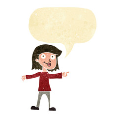cartoon happy woman pointing with speech bubble