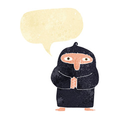 cartoon monk in robe with speech bubble