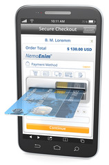 Mobile Payments. Black Smartphone with Credit Card Slot. 