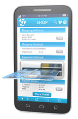 One Page Checkout. Smartphone with Credit Card Slot. Web Shop with blue checkout page.
