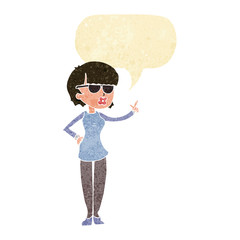 cartoon woman wearing spectacles with speech bubble