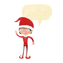 cartoon waving christmas elf with speech bubble