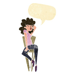 cartoon woman posing on chair with speech bubble