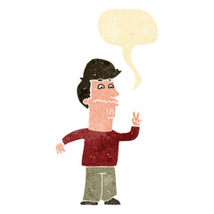 cartoon man giving peace sign with speech bubble