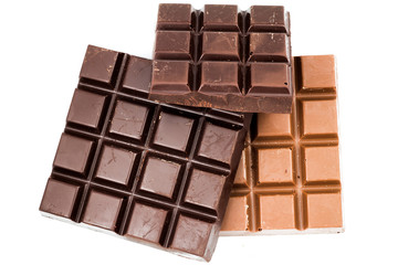 Black and milky chocolate bars isolated on white, top view