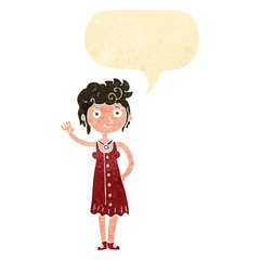 cartoon hippie woman waving with speech bubble
