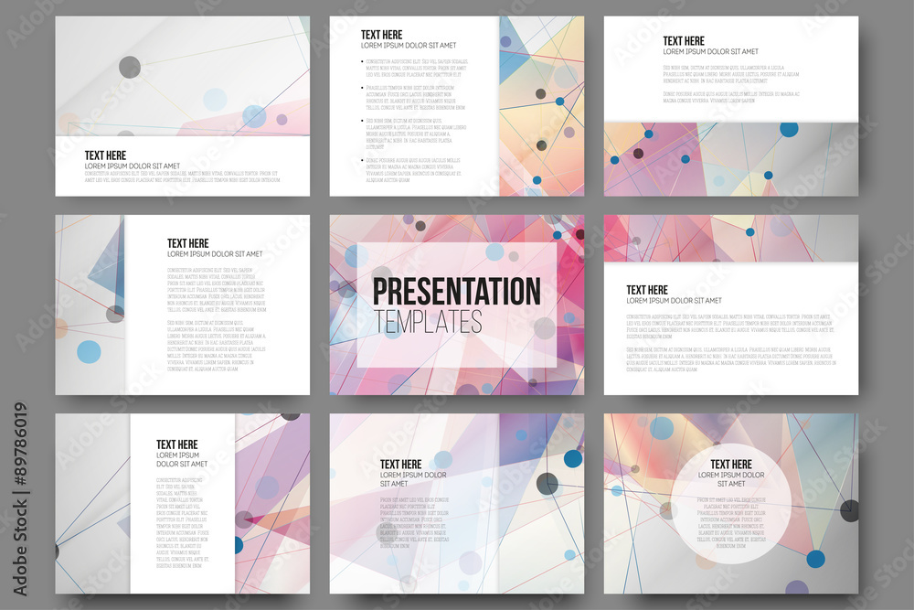 Poster set of 9 templates for presentation slides. abstract colored