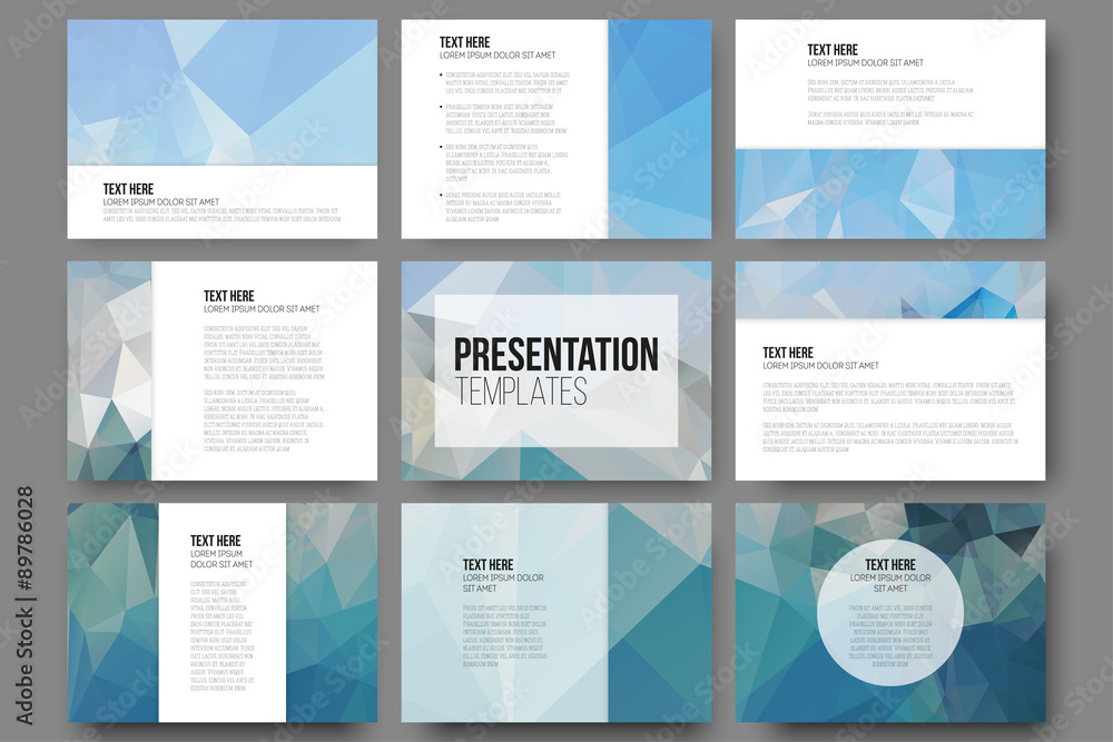 Poster set of 9 templates for presentation slides. abstract blue