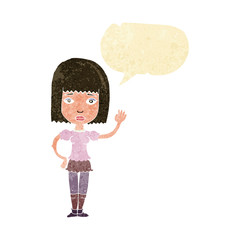 cartoon woman waving with speech bubble