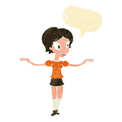 cartoon woman with arms spread wide with speech bubble
