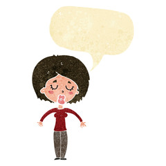 cartoon woman with closed eyes with speech bubble