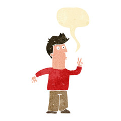 cartoon man giving peace sign with speech bubble