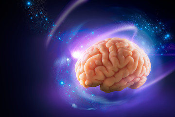 Brain floating on  a purple background / thoughts concept