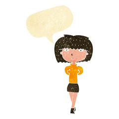 cartoon shy woman with speech bubble