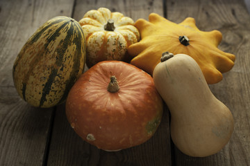 Different pumpkins on wooden surface