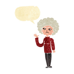 cartoon annoyed old woman waving with speech bubble