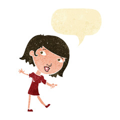 cartoon happy girl gesturing to follow with speech bubble