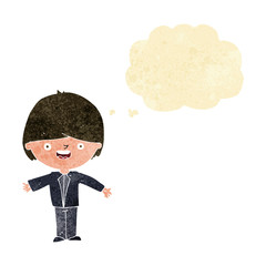 cartoon happy boy with open arms with speech bubble