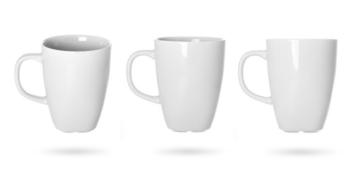 white cup on a white background. white mug different angles. white cup clipping path. collection of white cups