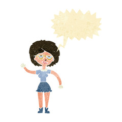 cartoon waving woman wearing spectacles with speech bubble