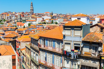 Panoramic view of the historical centre of Porto with the Clerigos Tower (Portugal)