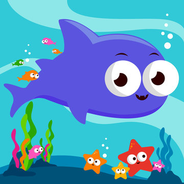 A cute shark, colorful fish and starfish swimming underwater. Vector illustration