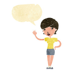 cartoon woman waving with speech bubble