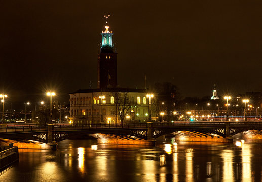 Scenic night view of the City Hall in the Old Town in Stockholm, Sweden