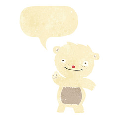 cartoon waving polar bear cub with speech bubble