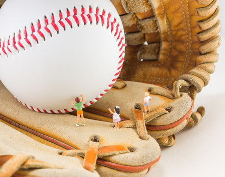 image of mini figure dolls with base ball glove and ball