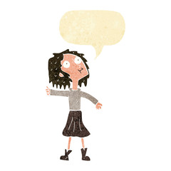 cartoon woman looking up to the sky with speech bubble