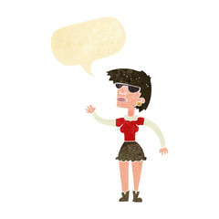cartoon woman in spectacles waving with speech bubble