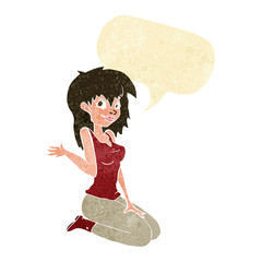 cartoon pretty girl waving with speech bubble