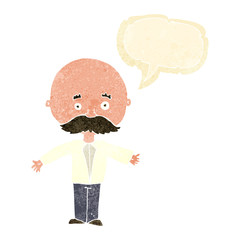 cartoon man with mustache with speech bubble