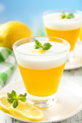 Tasty lemon jelly in glass on white wooden background