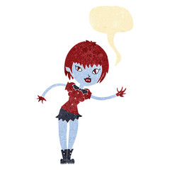 cartoon vampire girl welcoming with speech bubble