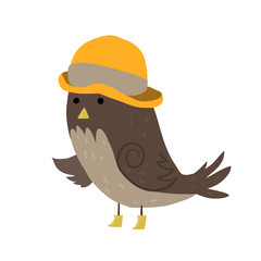 Cartoon sparrow with hat flat icon. 