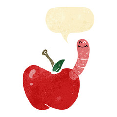 cartoon apple with worm with speech bubble