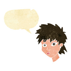 cartoon curious girl with speech bubble
