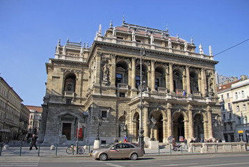 Fototapeta na wymiar Hungarian State Opera House on Andrassi street, Budapest, Hungary, February 2012