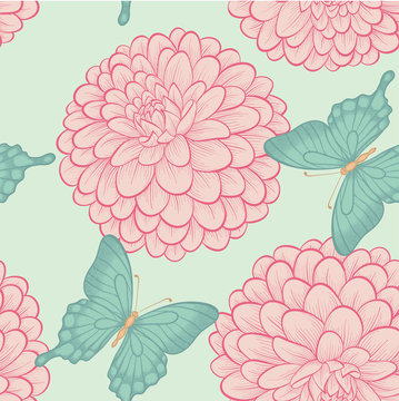Seamless background with beautiful butterflies and flowers dahlias in a hand-drawn graphic style in vintage colors