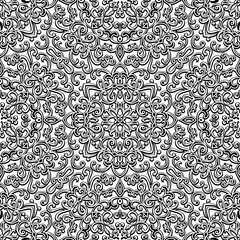 Black and white curly ornament, seamless pattern