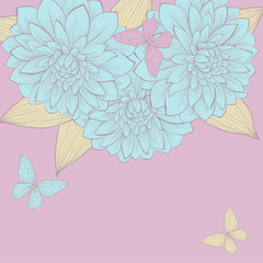 beautiful background with a border of flowers dahlias with leaves and butterflies. Vintage color.