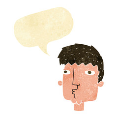 cartoon curious man with speech bubble