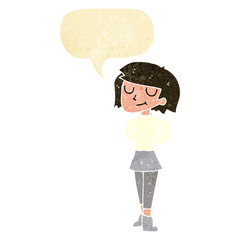 cartoon pleased woman with speech bubble