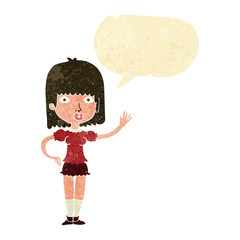 cartoon woman waving with speech bubble