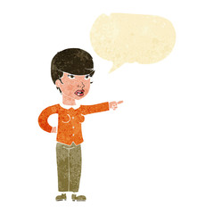 cartoon woman pointing finger of blame with speech bubble