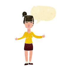 cartoon woman shrugging shoulders with speech bubble