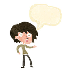 cartoon surprised woman pointing with speech bubble