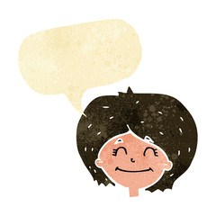 cartoon happy female face with speech bubble